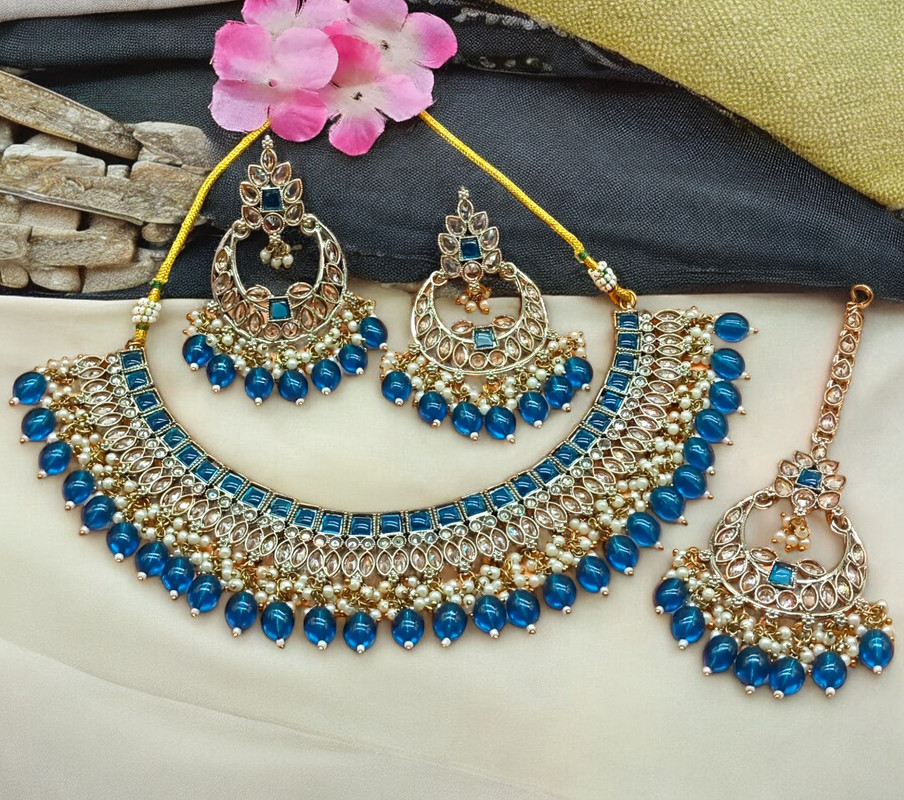 [DMT07 BLUE] Exquisite Cocktail Blue Choker Mehndi Polish Kundan Necklace & Earrings Jewellery Set For Women