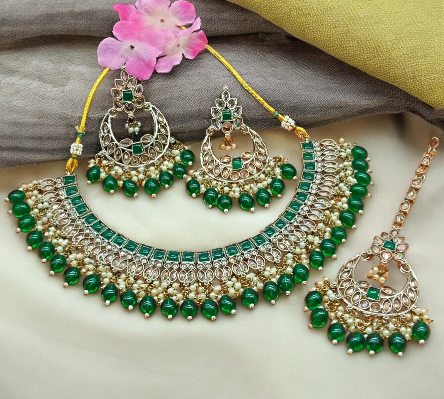 [DMT07 GREEN] Gorgeous Cocktail Green Choker Mehndi Polish Kundan Necklace & Earrings Jewellery Set For Women