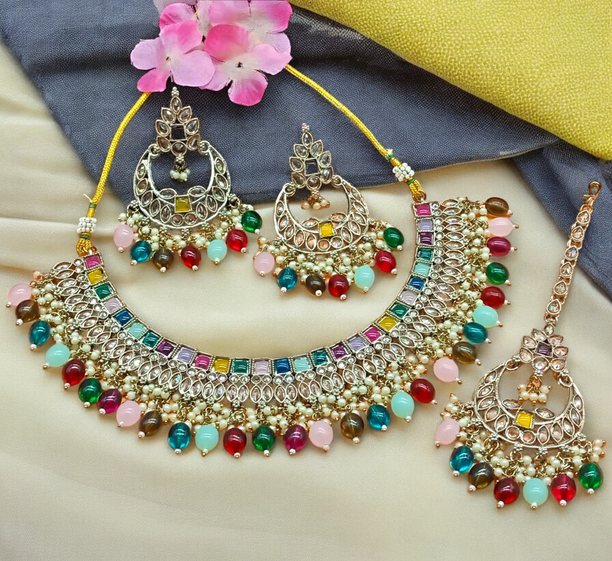 DMT07 MULTI Choker Mehndi Polish Kundan Necklace & Earrings Jewellery set for Women