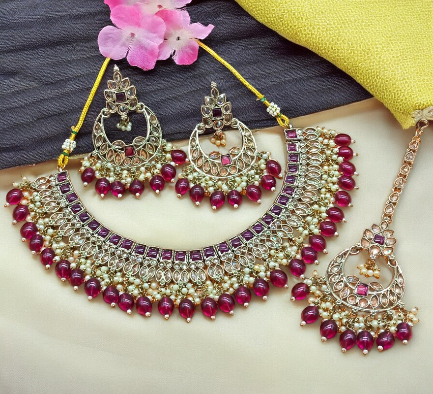 [DMT07 PURPLE] Stunning Cocktail Purple Choker Mehndi Polish Kundan Necklace & Earrings Jewellery Set For Women