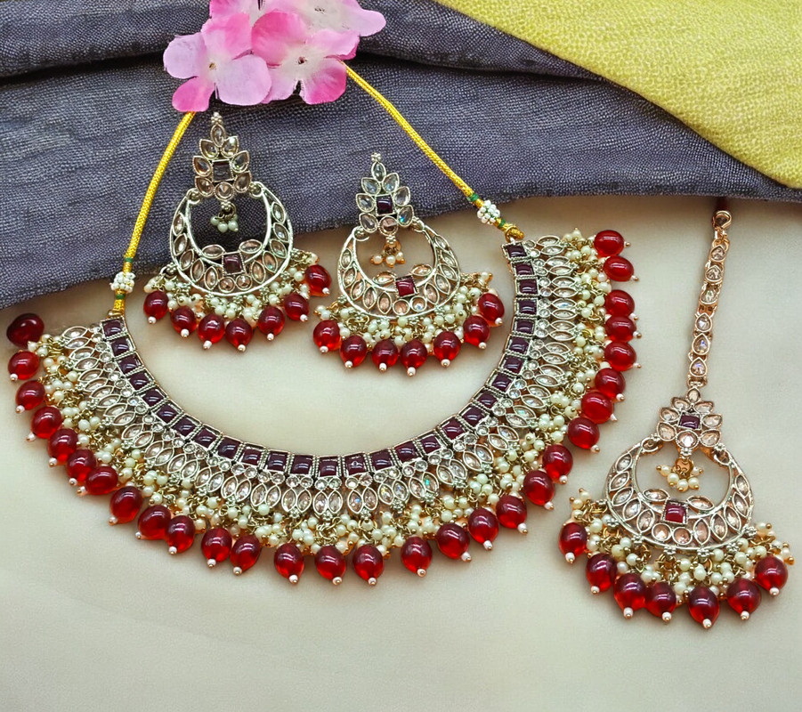 [DMT07 RED] Premium Cocktail Red Choker Mehndi Polish Kundan Necklace & Earrings Jewellery Set For Women