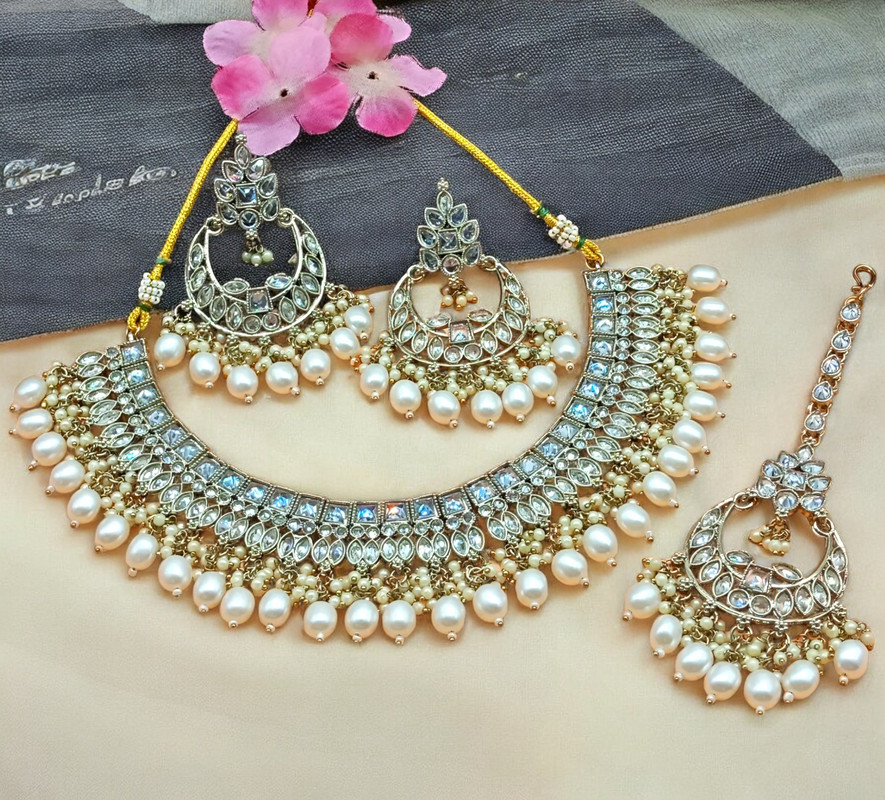 [DMT07 WHITE] Exclusive Cocktail White Choker Mehndi Polish Kundan Necklace & Earrings Jewellery Set For Women