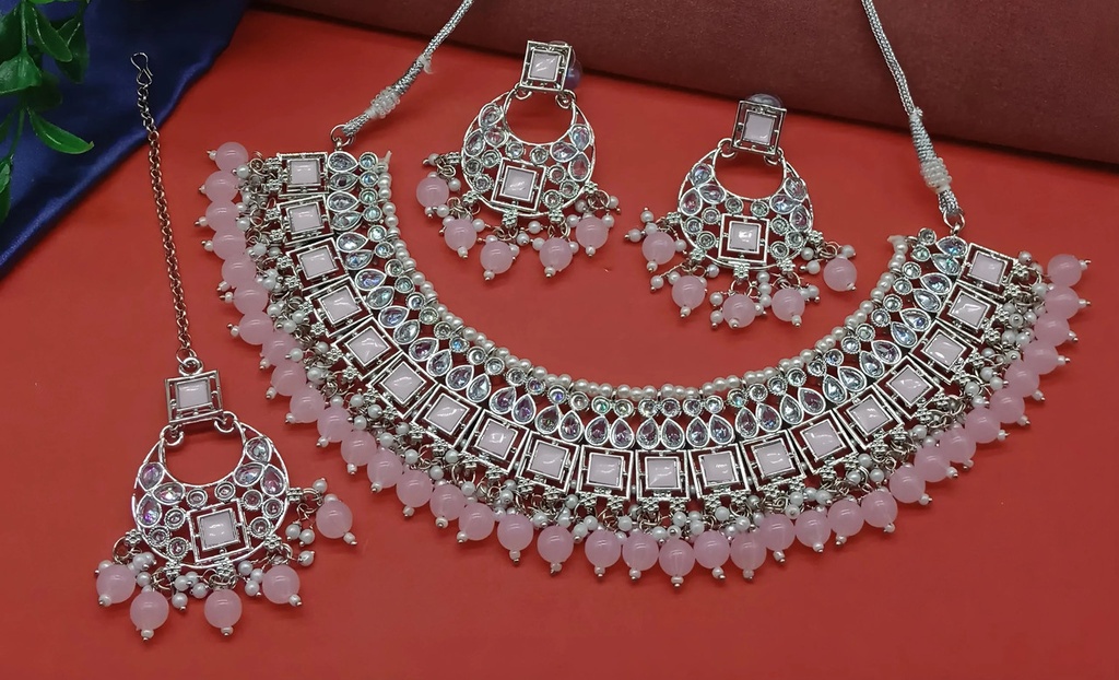 [DMT14 BABYPINK] Mesmerizing Cocktail Babypink Choker Silver Polish Kundan Necklace & Earrings Jewellery Set For Women