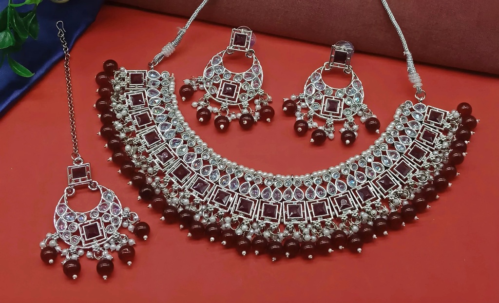 [DMT14 MAROON] Breathtaking Cocktail Maroon Choker Silver Polish Kundan Necklace & Earrings Jewellery Set For Women