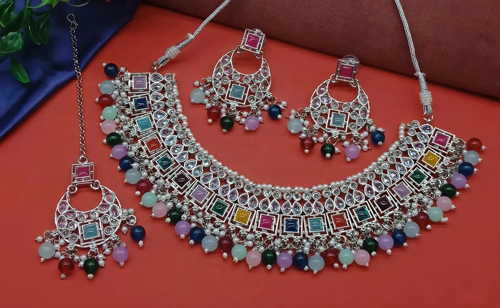 [DMT14 MULTI] Ethereal Cocktail Multi Choker Silver Polish Kundan Necklace & Earrings Jewellery Set For Women