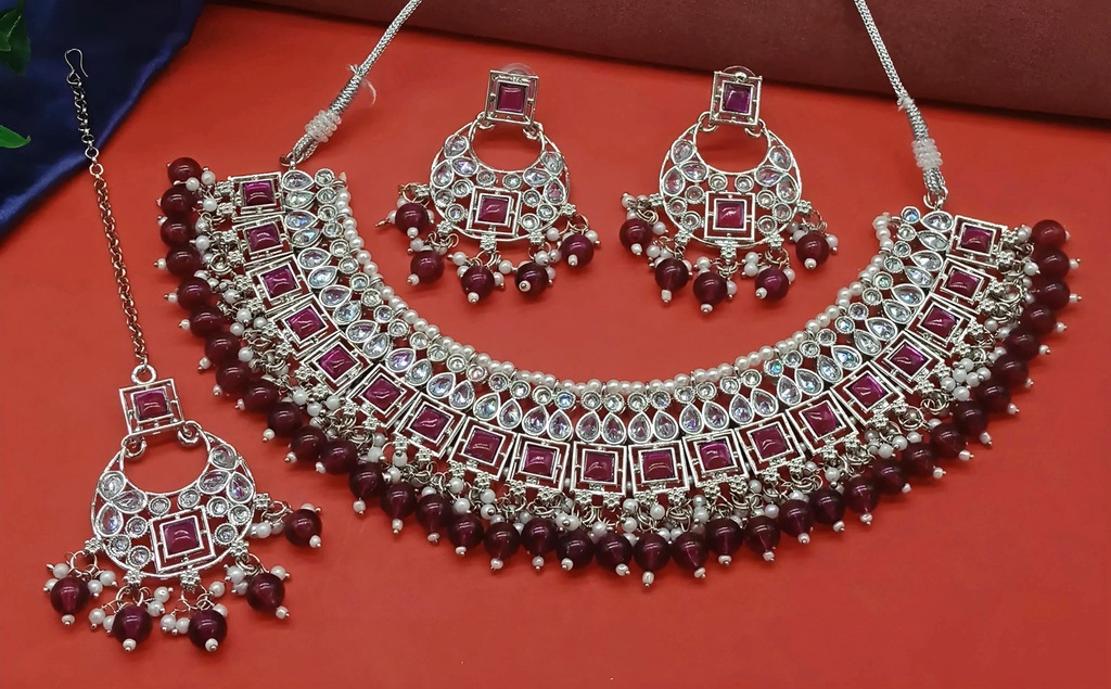 [DMT14 RANIPINK] Flawless Cocktail Ranipink Choker Silver Polish Kundan Necklace & Earrings Jewellery Set For Women