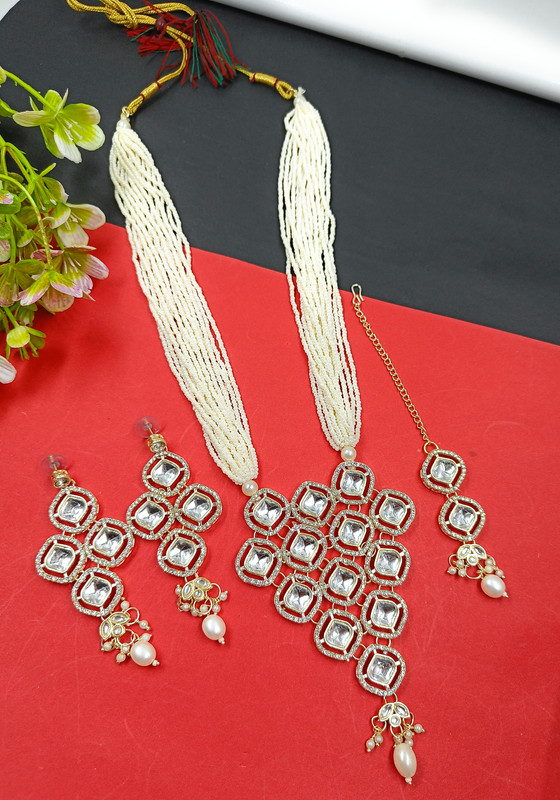 [DMT19] Ornate Cocktail V Neck Long Kundan Necklace & Earrings Jewellery Set For Women