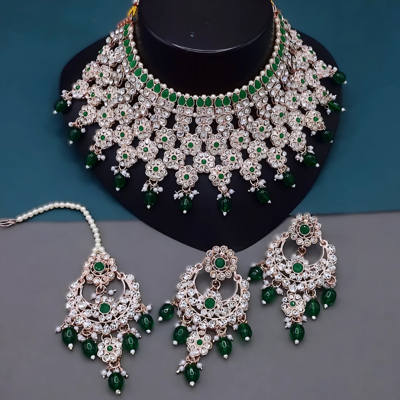 [dmt22 green kundan jewellery set] Chic Sangeet Green Kundan Jewellery Set Choker Necklace & Earrings For Women