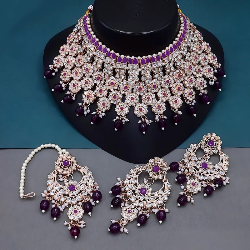 [dmt22 purple kundan jewellery set] Desi Sangeet Purple Kundan Jewellery Set Choker Necklace & Earrings For Women