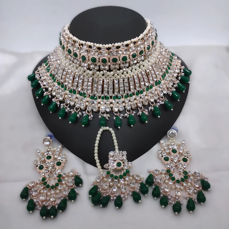 [DMT23 GREEN kundan jewellery set] Classic Sangeet Green Kundan Jewellery Set Choker Necklace & Earrings For Women