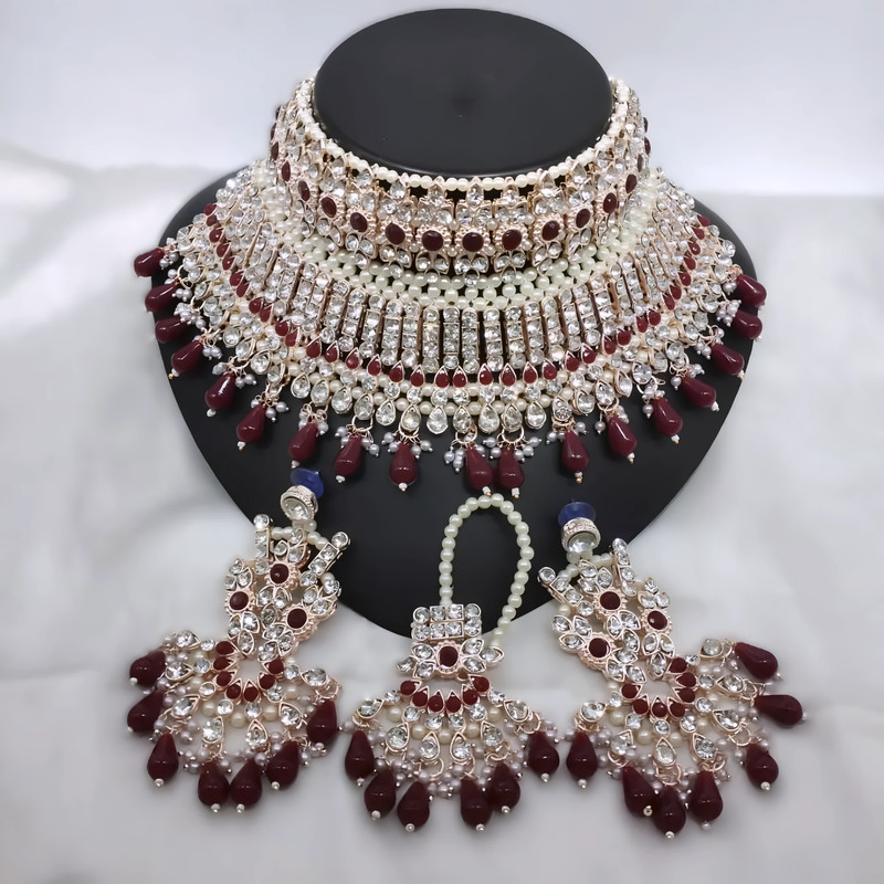 [DMT23 MAROON kundan jewellery set] Glamorous Sangeet Maroon Kundan Jewellery Set Choker Necklace & Earrings For Women