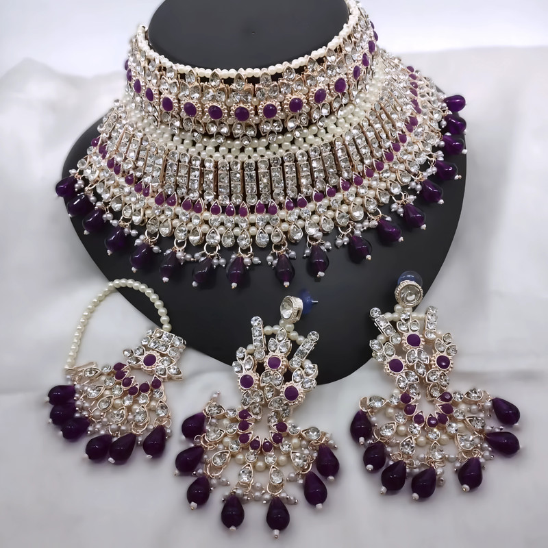 [DMT23 PURPLE kundan jewellery set] Vintage Sangeet Purple Kundan Jewellery Set Choker Necklace & Earrings For Women