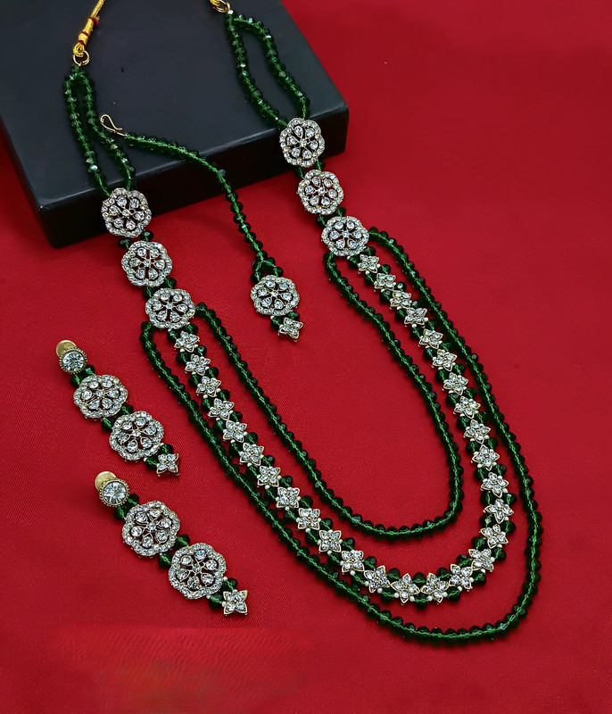 [DMT24 GREEN PEARL NECKLACE SET] Trendy Sangeet Green Pearl Necklace Long Stone Jewellery Set For Women