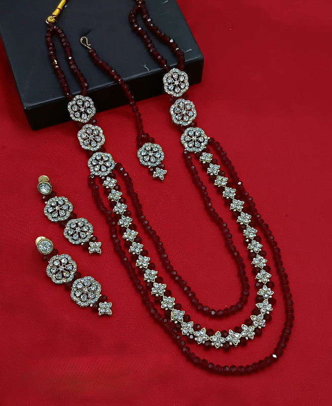 [DMT24 MAROON PEARL NECKLACE SET] Shandaar Sangeet Maroon Pearl Necklace Long Stone Jewellery Set For Women