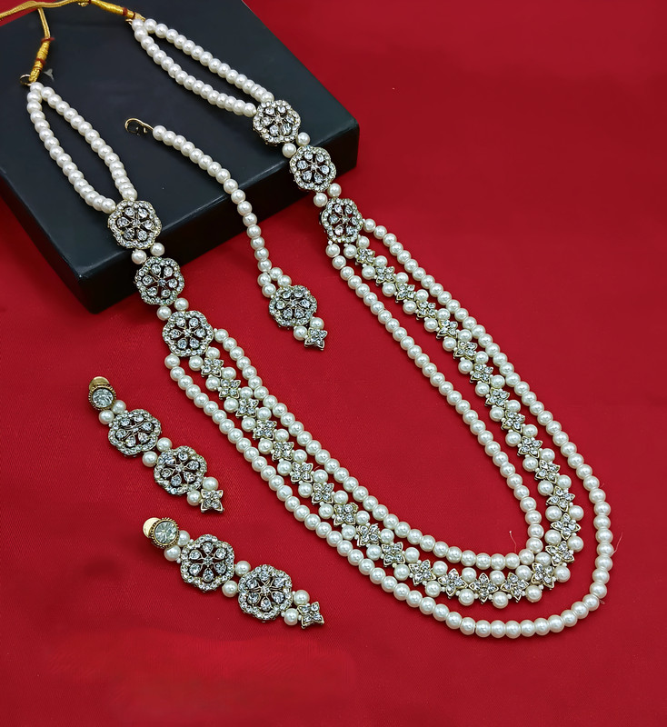 [DMT24 WHITE pearl long necklace set] Exquisite Sangeet White Pearl Long Necklace Long Stone Jewellery Set For Women