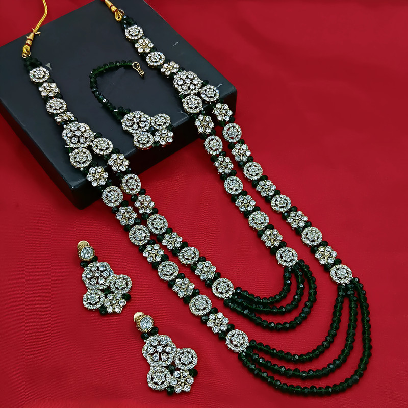 [dmt25 green pearl necklace set] Gorgeous Sangeet Green Pearl Necklace Long Stone Jewellery Set For Women