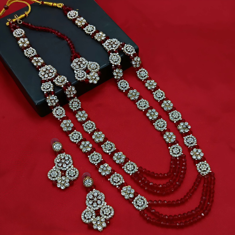 [dmt25 maroon pearl moti necklace set] Beautiful Sangeet Maroon Pearl Moti Necklace Long Stone Jewellery Set For Women