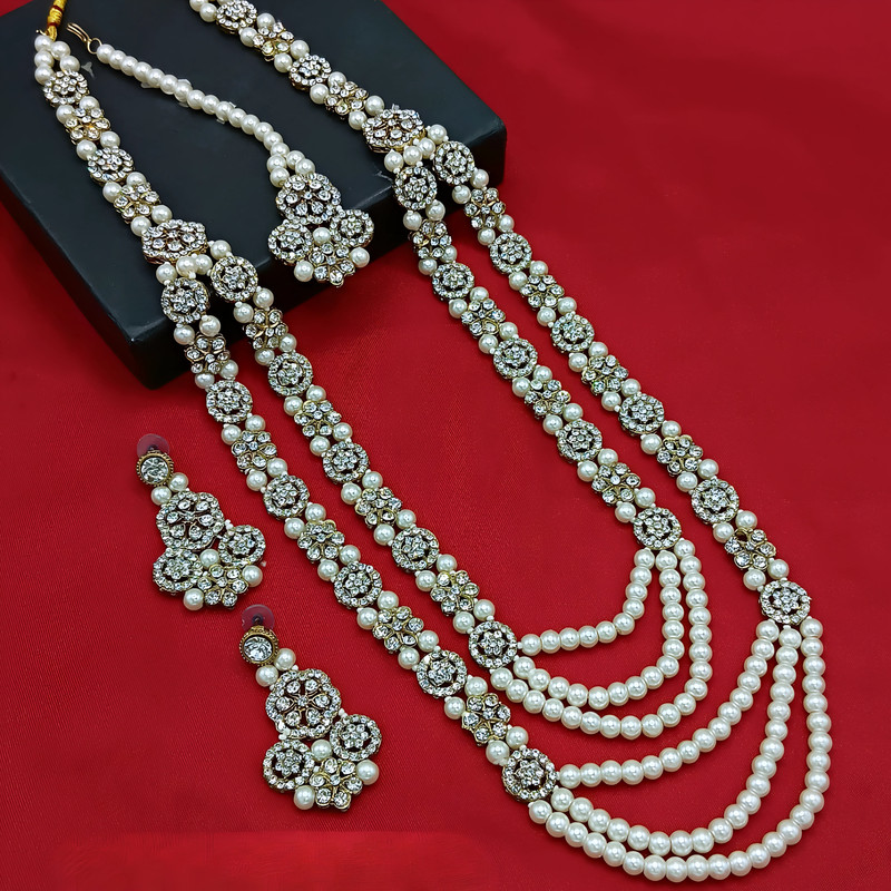 [DMT25 WHITE pearl moti necklace set] Stunning Sangeet White Pearl Moti Necklace Long Stone Jewellery Set For Women
