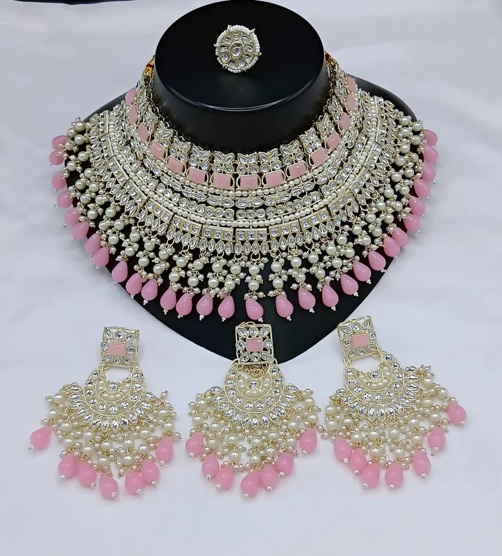 [dmt26 baby pink] Premium Sangeet Baby Pink Choker Kundan Necklace & Earrings Jewellery Set For Women