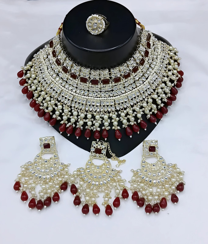 [dmt26 maroon] Luxury Sangeet Maroon Choker Kundan Necklace & Earrings Jewellery Set For Women