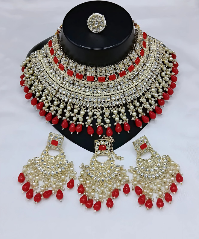 [dmt26 red] Authentic Sangeet Red Choker Kundan Necklace & Earrings Jewellery Set For Women