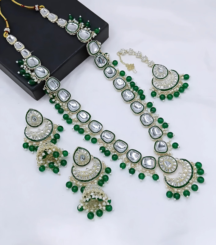 [dmt27 green] Artisan Sangeet Green Long Kundan Necklace Earring Mangtikka Jewellery Set For Women