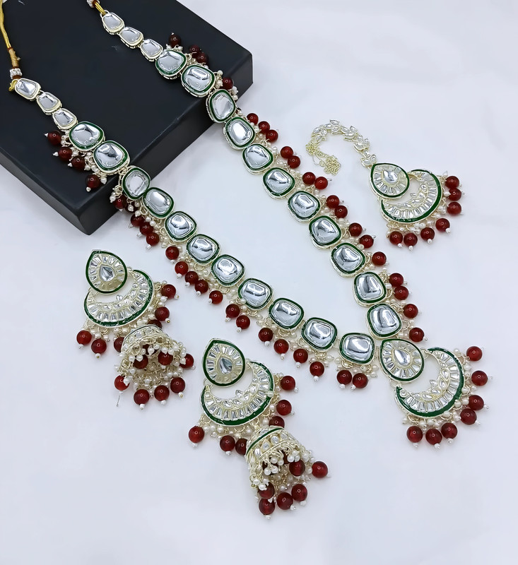 [dmt27 ruby] Divine Sangeet Ruby Long Kundan Necklace Earring Mangtikka Jewellery Set For Women
