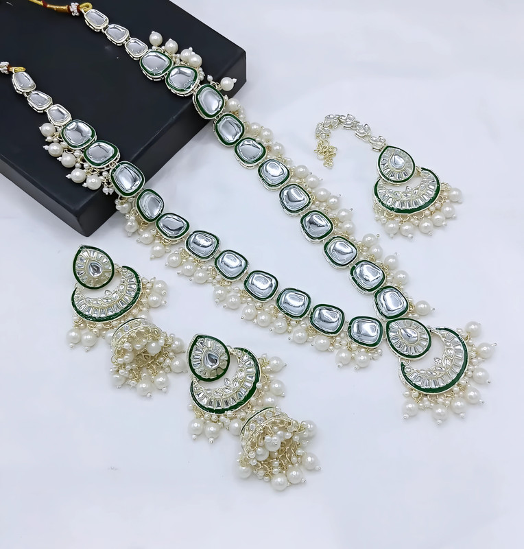 dmt27 white Long Kundan Necklace Earring Mangtikka Jewellery Set for women