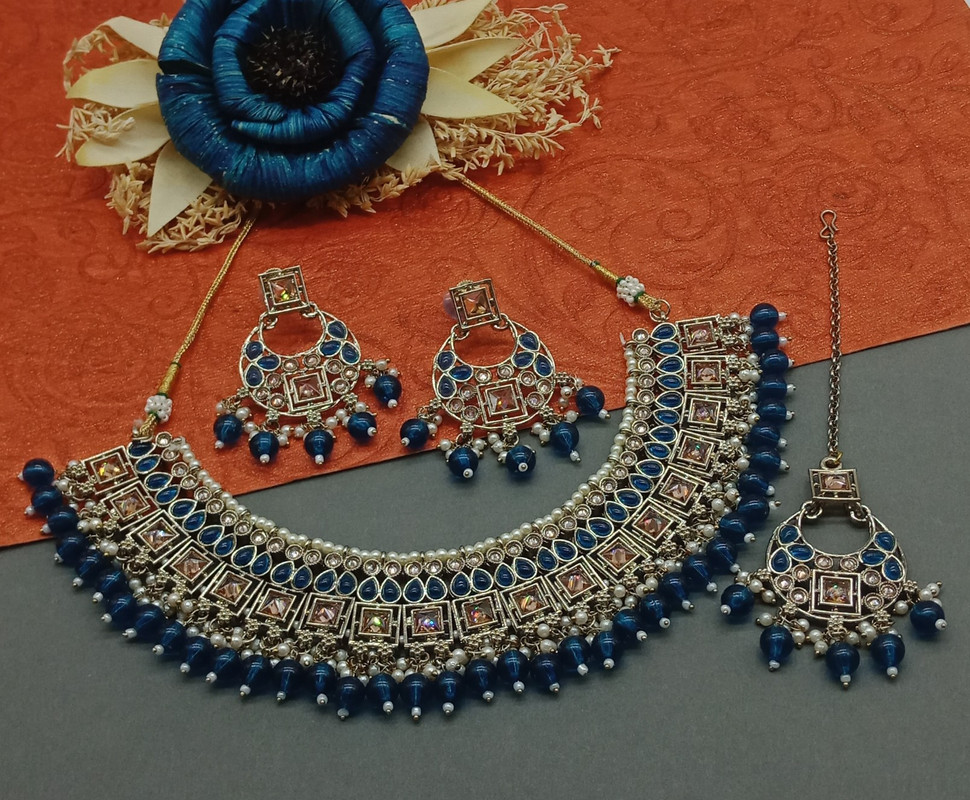 [DMT11 BLUE] Luxury Cocktail Blue Choker Mehndi Polish Kundan Necklace & Earrings Jewellery Set For Women