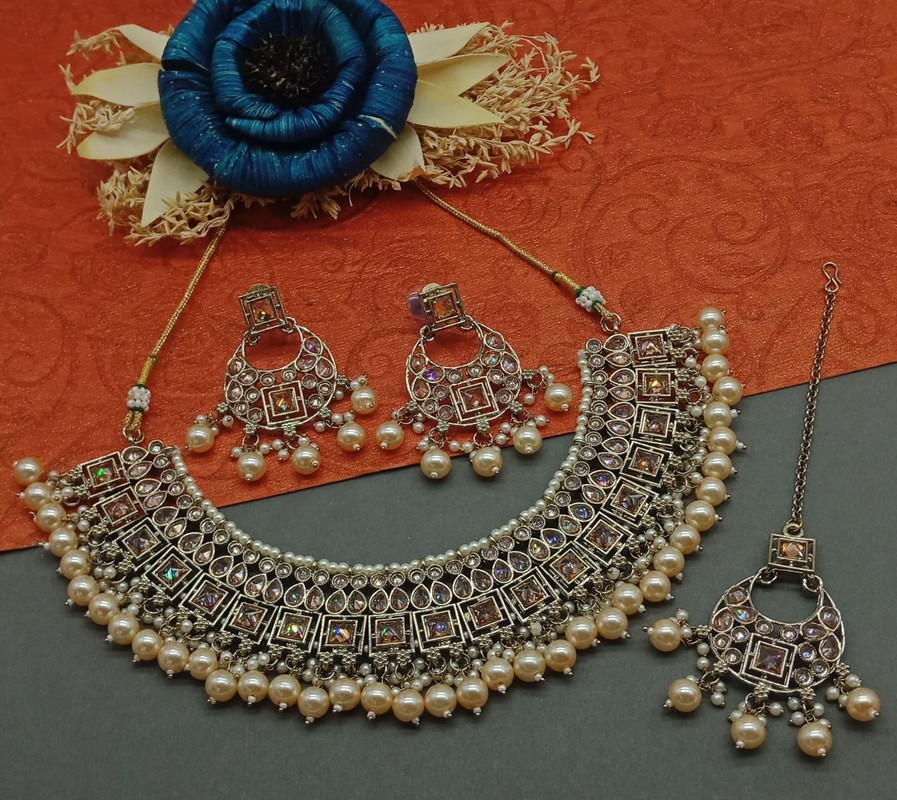 [DMT11 GOLDEN] Authentic Cocktail Golden Choker Mehndi Polish Kundan Necklace & Earrings Jewellery Set For Women