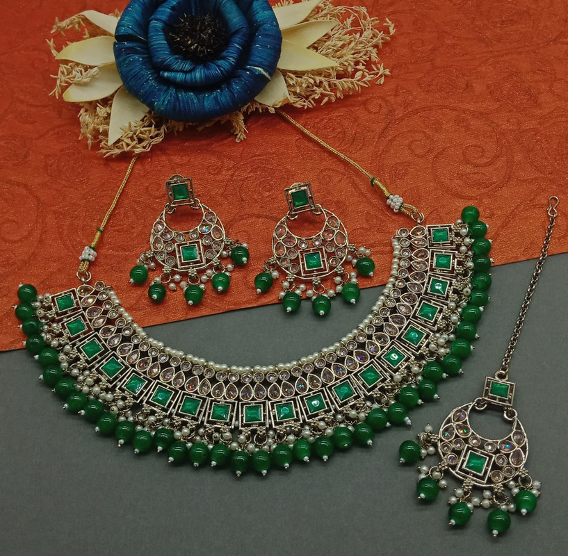 [DMT11 GREEN] Artisan Cocktail Green Choker Mehndi Polish Kundan Necklace & Earrings Jewellery Set For Women