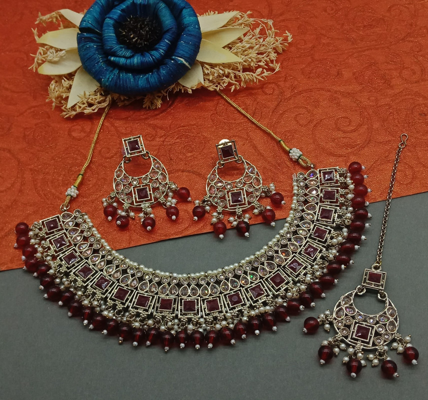 [DMT11 MAROON] Divine Cocktail Maroon Choker Mehndi Polish Kundan Necklace & Earrings Jewellery Set For Women
