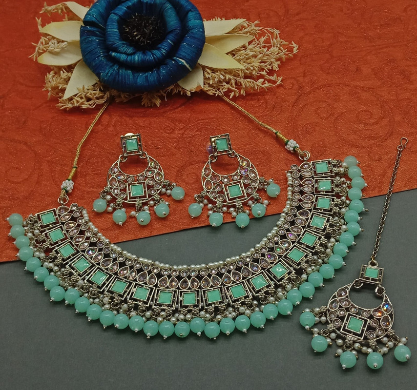 [DMT11 MINT GREEN] Regal Cocktail Mint Green Choker Mehndi Polish Kundan Necklace & Earrings Jewellery Set For Women