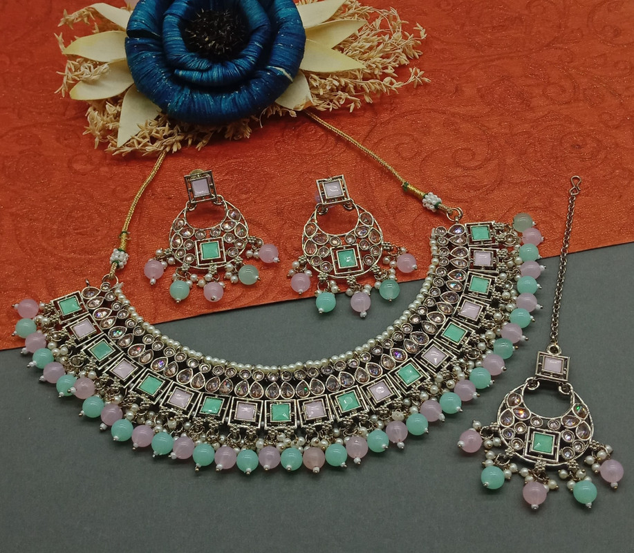 [DMT11 MINT GREEN BABY PINK] Majestic Cocktail Mint Green Baby Pink Choker Mehndi Polish Kundan Necklace & Earrings Jewellery Set For Women