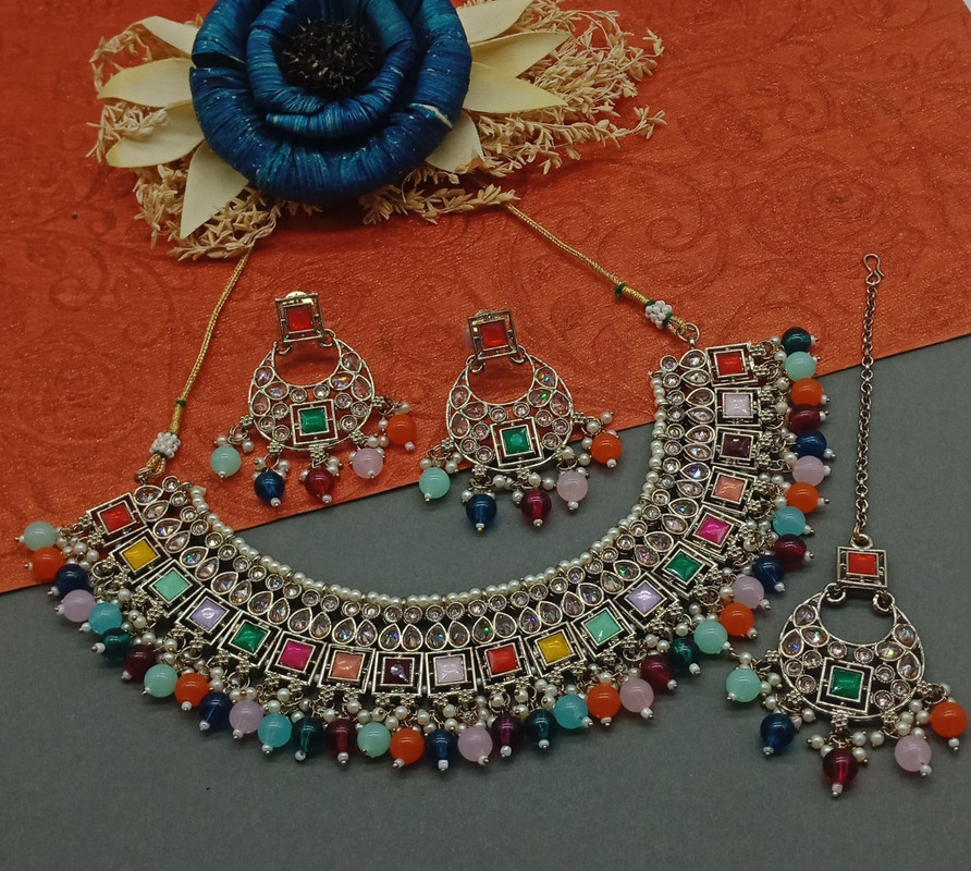 [DMT11 MULTI] Opulent Cocktail Multi Choker Mehndi Polish Kundan Necklace & Earrings Jewellery Set For Women
