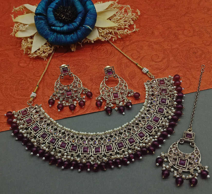 [DMT11 PURPLE] Grand Cocktail Purple Choker Mehndi Polish Kundan Necklace & Earrings Jewellery Set For Women