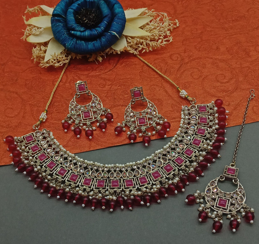 [DMT11 RANI] Dazzling Cocktail Rani Choker Mehndi Polish Kundan Necklace & Earrings Jewellery Set For Women