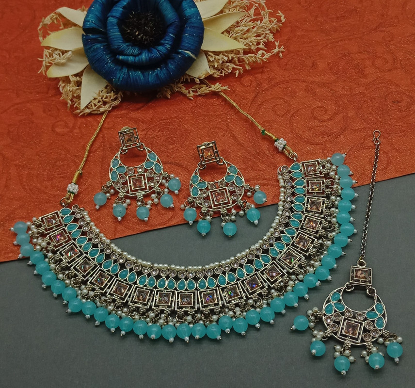 [DMT11 SKY BLUE] Radiant Cocktail Sky Blue Choker Mehndi Polish Kundan Necklace & Earrings Jewellery Set For Women