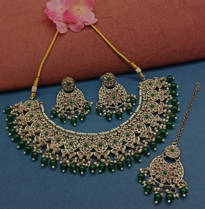 [DMT13 GREEN] Alluring Cocktail Green Choker Mehndi Polish Kundan Necklace & Earrings Jewellery Set For Women