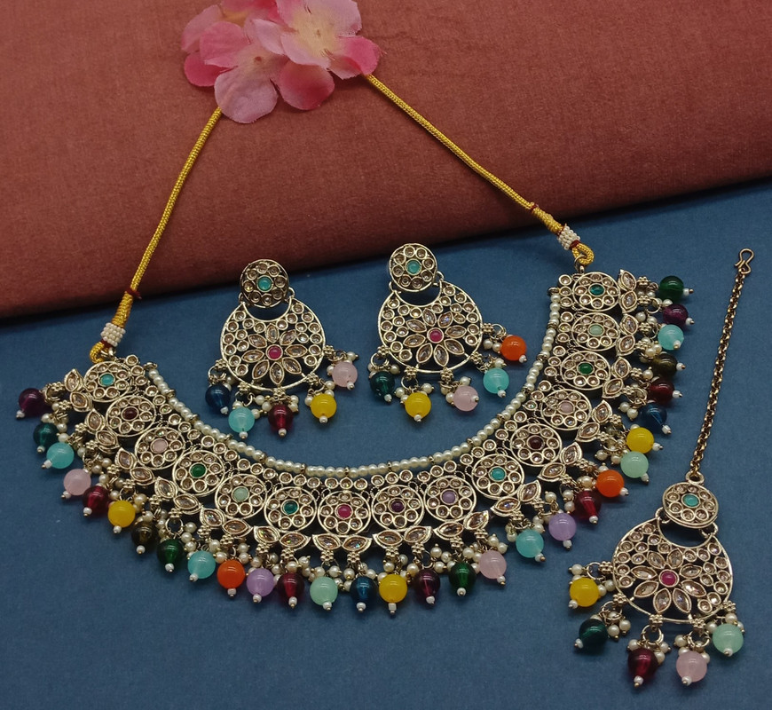 [DMT13 MULTI] Enchanting Cocktail Multi Choker Mehndi Polish Kundan Necklace & Earrings Jewellery Set For Women