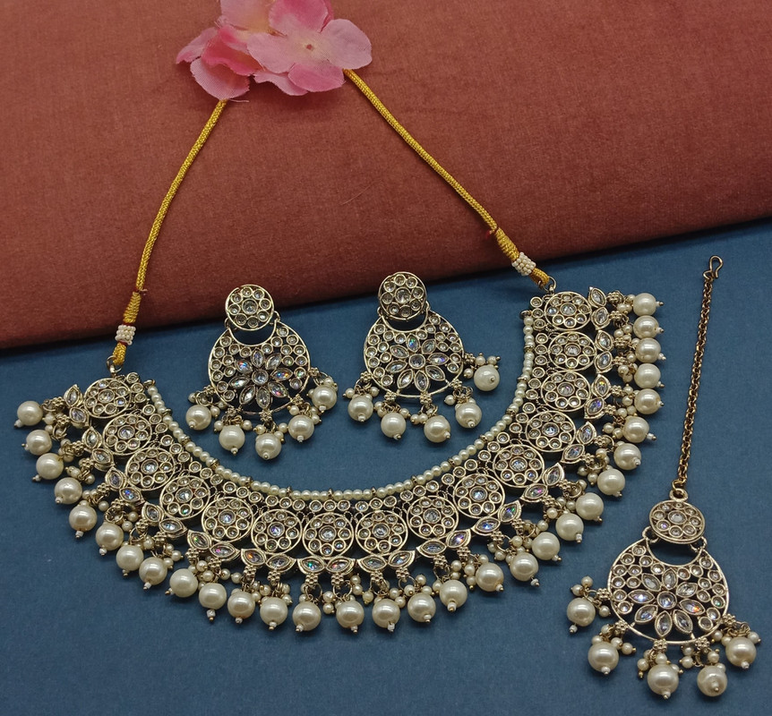 [DMT13 WHITE] Splendid Cocktail White Choker Mehndi Polish Kundan Necklace & Earrings Jewellery Set For Women