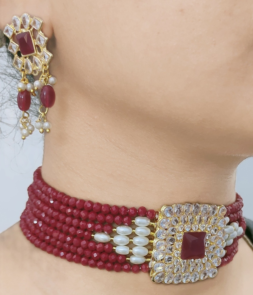 [NS43 RED] Opulent Heritage Ns43 Red Kundan Necklace Earring Jewellery Set