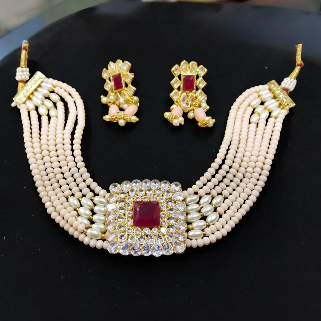[NS43 PEACH] Majestic Heritage Ns43 Peach Kundan Necklace Earring Jewellery Set