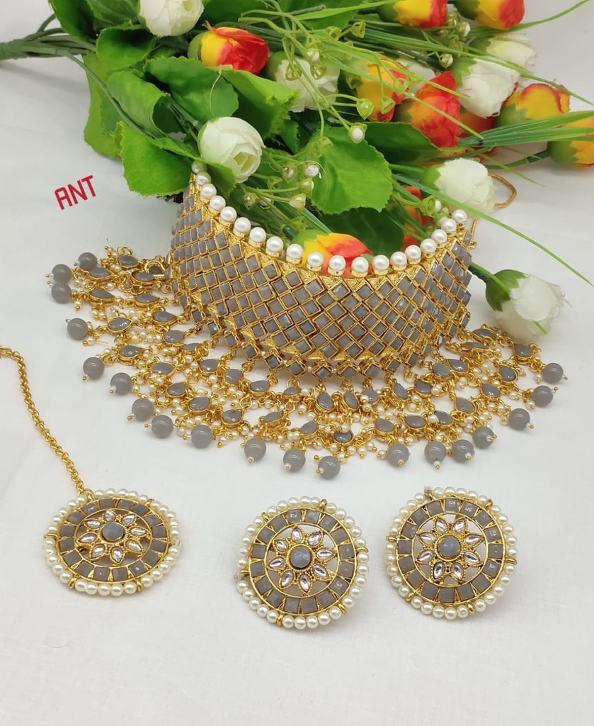 [NS63 GREY] Magnifique Boutique Ns63 Grey Kundan Necklace Earring Jewellery Set