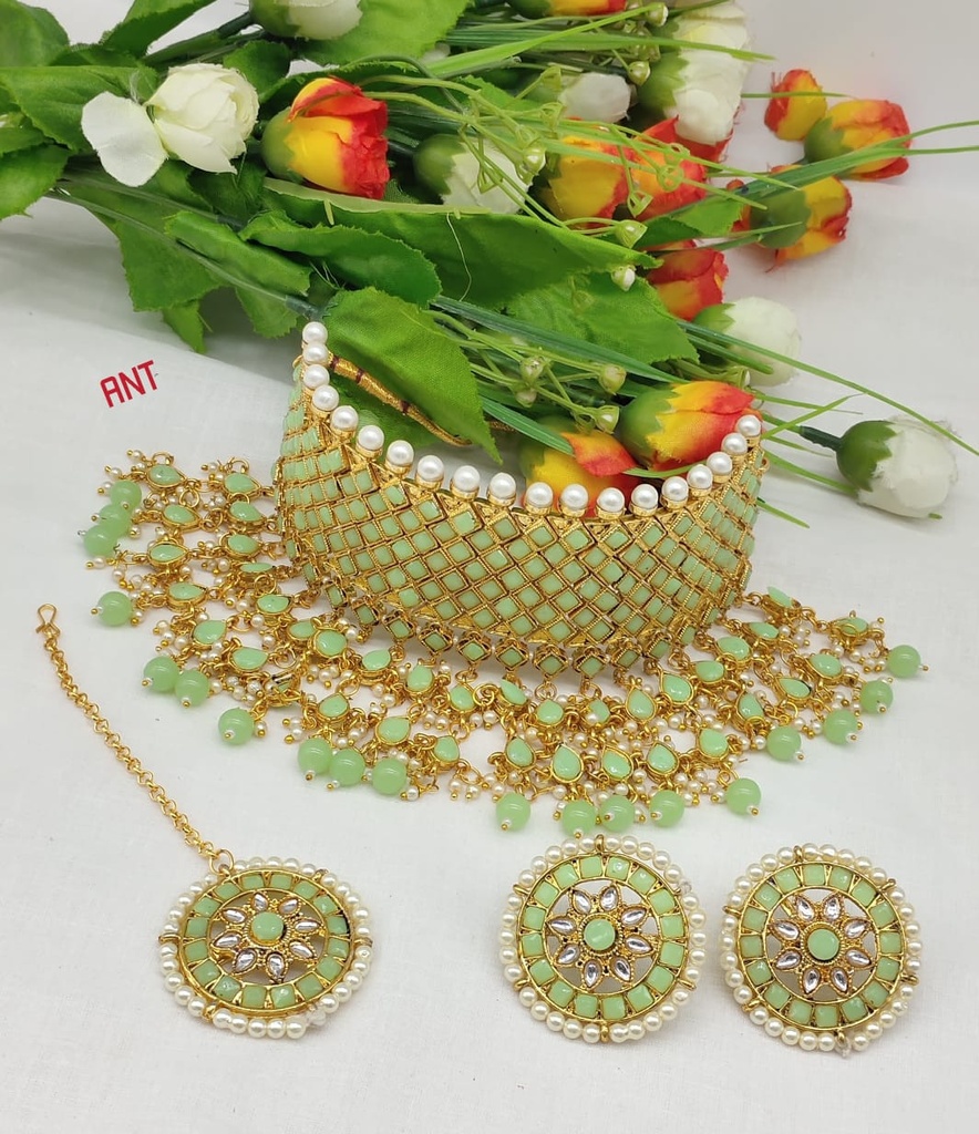 [NS63 MINT GREEN] Royal Boutique Ns63 Mint Green Kundan Necklace Earring Jewellery Set