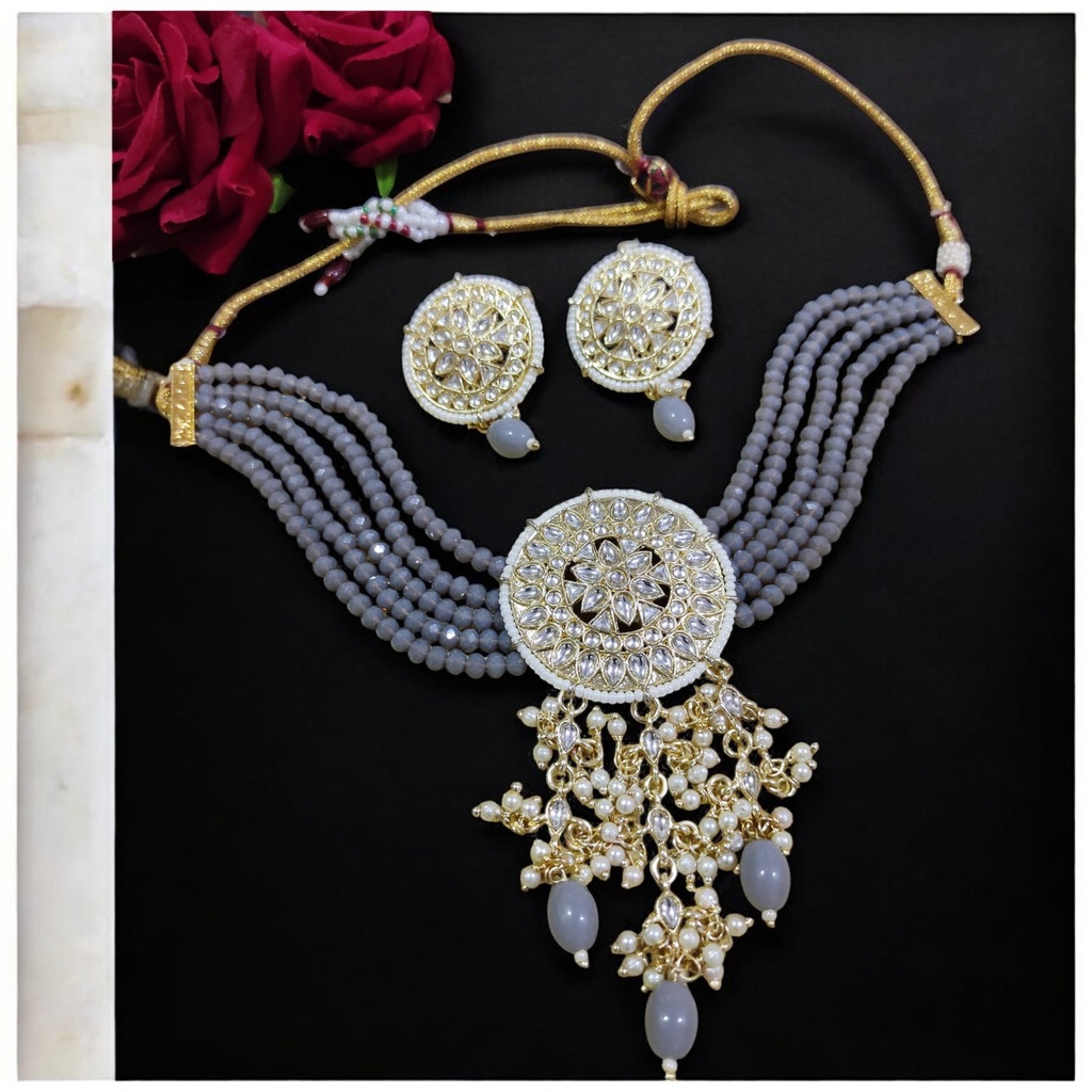 [NS46 GREY] Vibrant Heritage Ns46 Grey Kundan Necklace Earring Jewellery Set