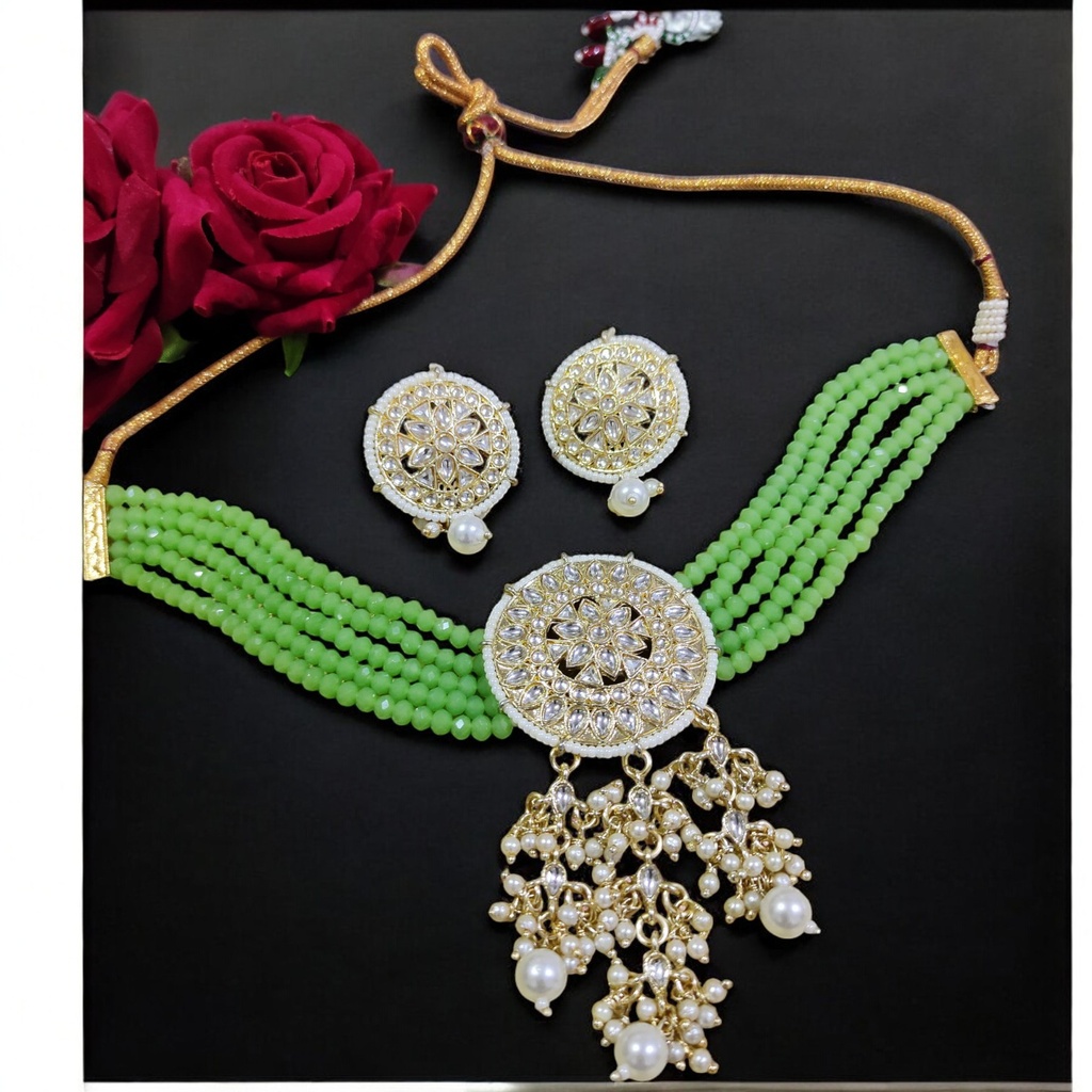 [NS46 MINT GREEN] Elegant Cultural Ns46 Mint Green Kundan Necklace Earring Jewellery Set