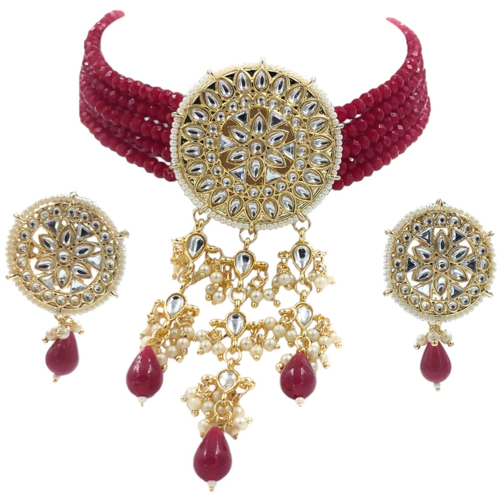 [NS46 RED] Traditional Cultural Ns46 Red Kundan Necklace Earring Jewellery Set