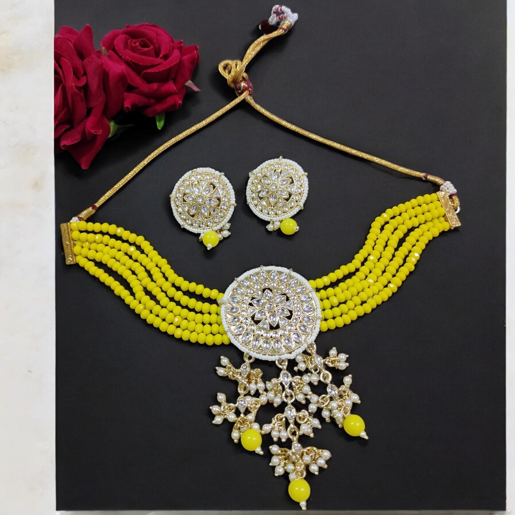 [NS46 YELLOW] Chic Cultural Ns46 Yellow Kundan Necklace Earring Jewellery Set