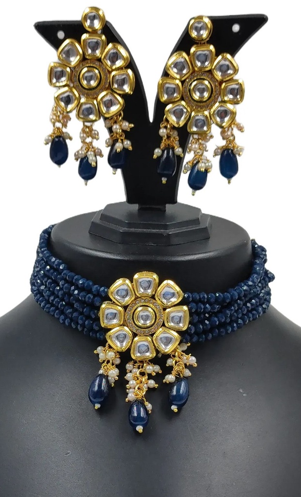 [NS613 Blue] Dazzling Cultural Ns613 Blue Kundan Necklace Earring Jewellery Set